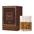 Lattafa Khamrah Qahwa apa de parfum 100 ml, flacon frontal din sticlă greu sculptată cu reflexii calde, parfum original.