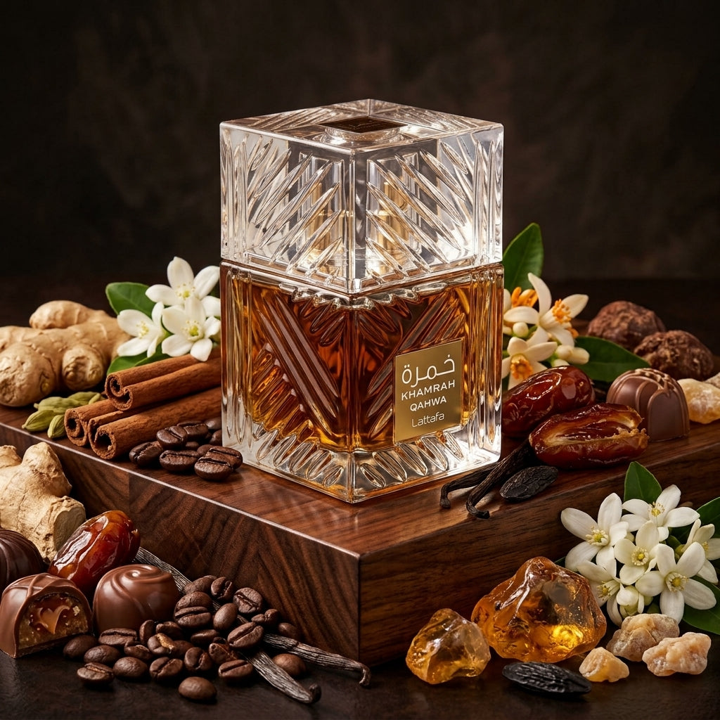 Lattafa Khamrah Qahwa parfum original așezat artistic printre boabe de cafea prăjite, curmale și batoane de scorțișoară.