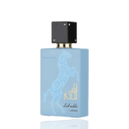 Detaliu flacon Lattafa Lail Maleki Moroccan Blue apa de parfum, evidențiind capacul negru cubic și gravura orientală.