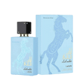 Lattafa Lail Maleki Moroccan Blue apa de parfum, flacon frontal albastru mat cu caligrafie în formă de cal arab.