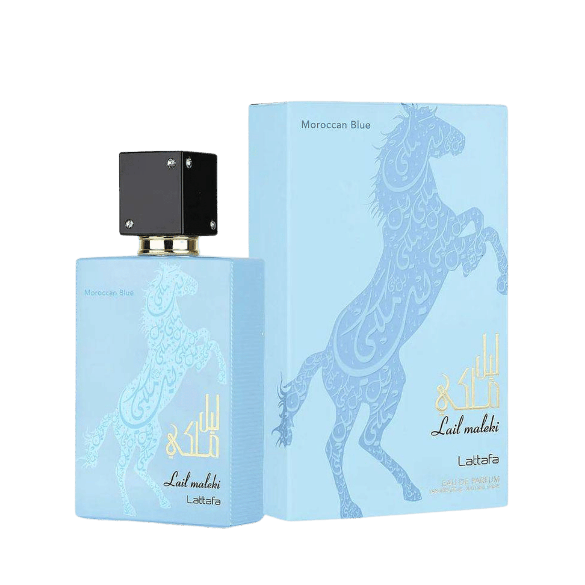 Lattafa Lail Maleki Moroccan Blue apa de parfum, flacon frontal albastru mat cu caligrafie în formă de cal arab.