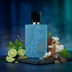Lattafa Lail Maleki Moroccan Blue apa de parfum original prezentat alături de note de lavandă, citrice și oud.