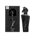 Lattafa Maahir Black Edition apa de parfum unisex, flacon frontal de 100 ml cu dop sculptat negru cap de cal.