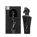 Lattafa Maahir Black Edition apa de parfum unisex, flacon frontal de 100 ml cu dop sculptat negru cap de cal.