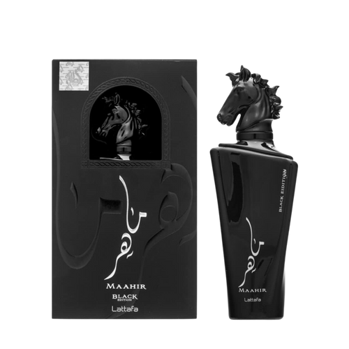 Lattafa Maahir Black Edition apa de parfum unisex, flacon frontal de 100 ml cu dop sculptat negru cap de cal.