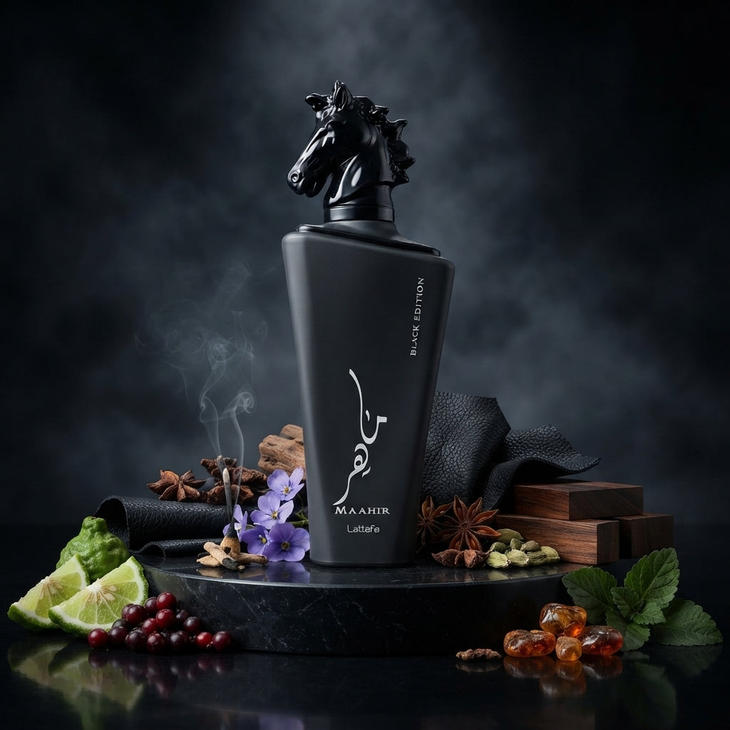 Lattafa Maahir Black Edition apa de parfum original prezentat alături de tămâie, pielărie, violete și note lemnoase.