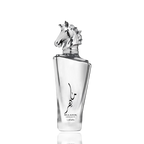 Detaliu flacon Lattafa Maahir Legacy apa de parfum, evidențiind finisajul argintiu și sculptura dopului cap de cal.