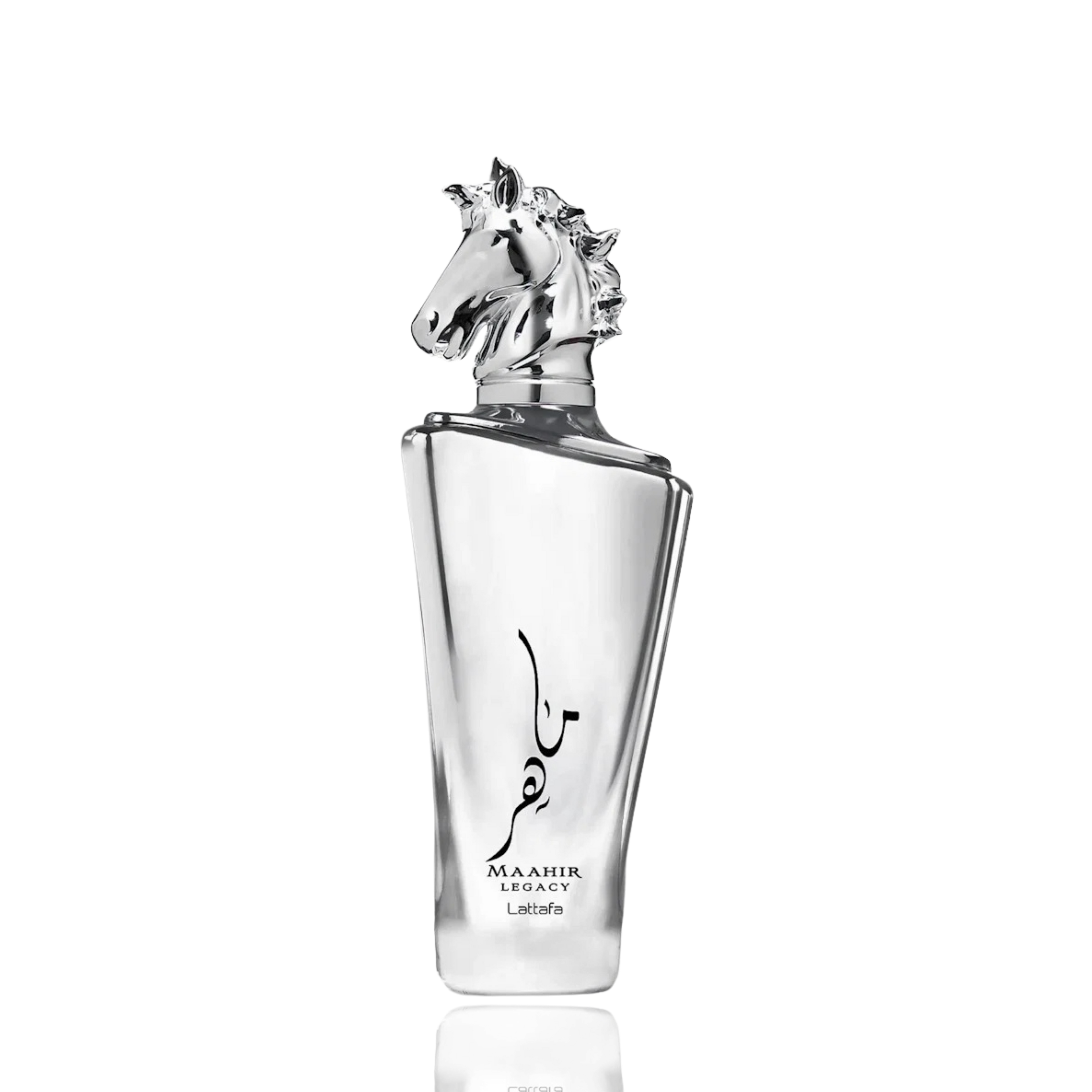 Detaliu flacon Lattafa Maahir Legacy apa de parfum, evidențiind finisajul argintiu și sculptura dopului cap de cal.