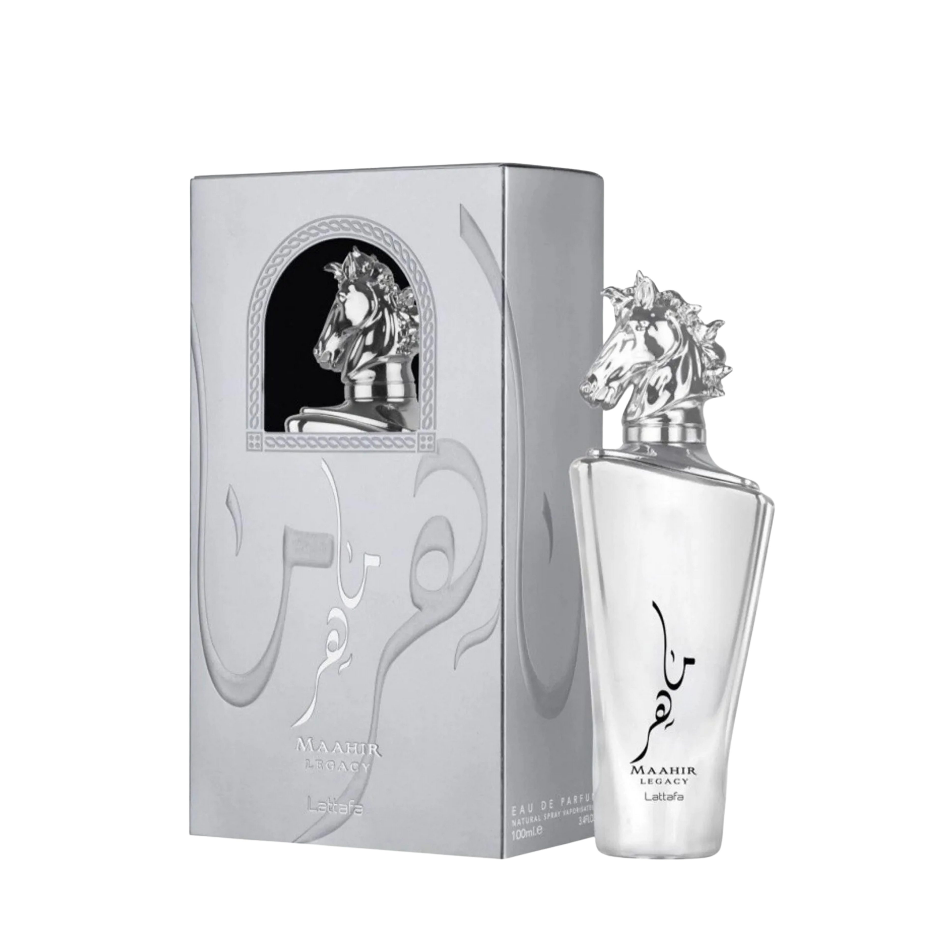 Lattafa Maahir Legacy apa de parfum bărbați, flacon frontal de 100 ml cu dop în formă de cap de cal.