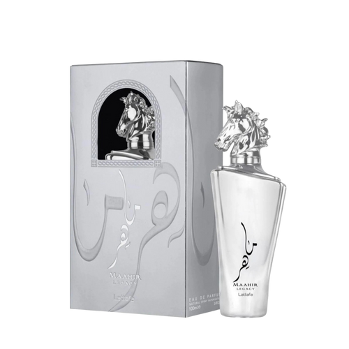 Lattafa Maahir Legacy apa de parfum bărbați, flacon frontal de 100 ml cu dop în formă de cap de cal.