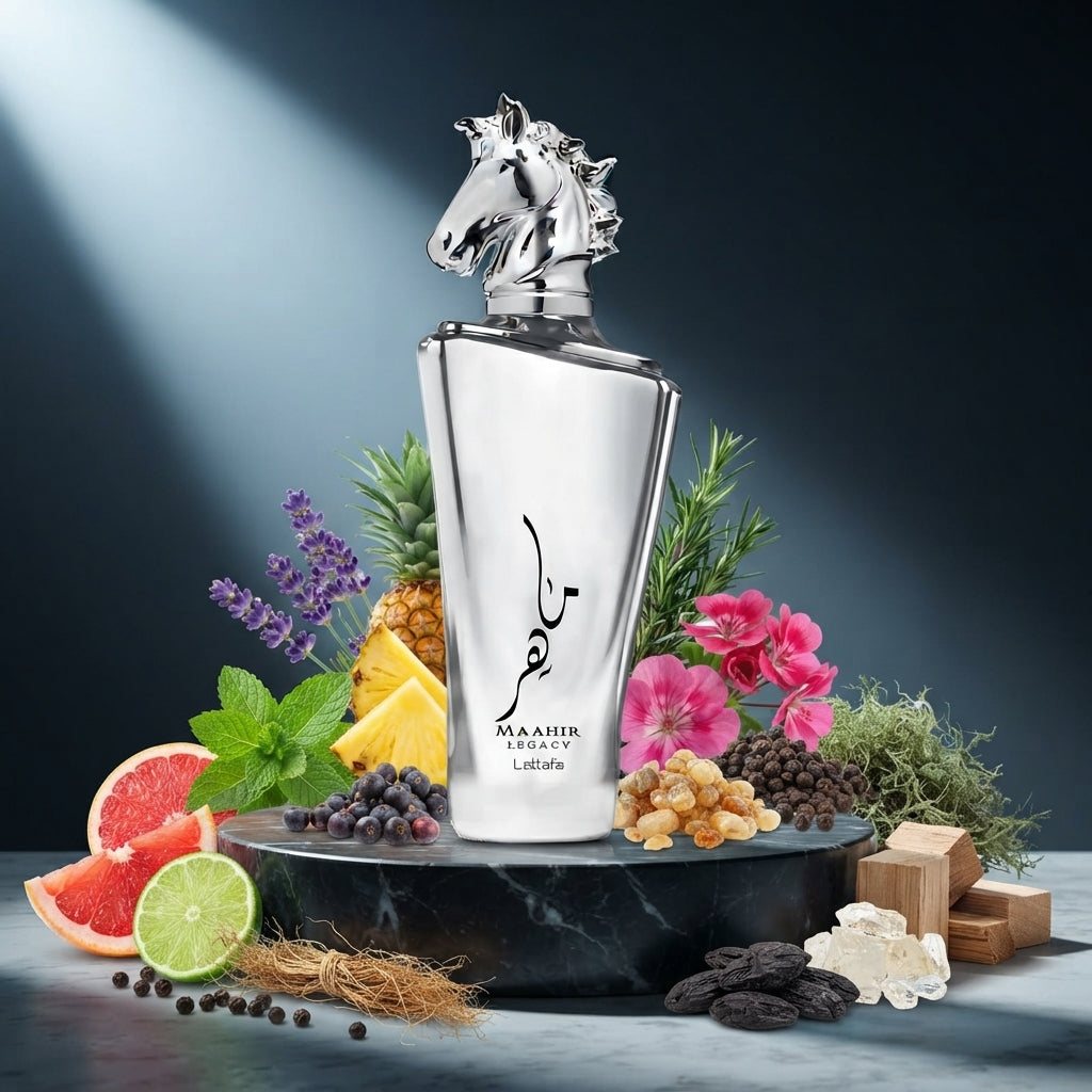 Lattafa Maahir Legacy apa de parfum original prezentat alături de citrice proaspete, mentă, ienupăr și vetiver.