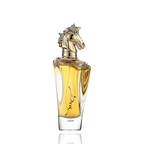 Detaliu flacon Lattafa Maahir apa de parfum, evidențiind finisajul auriu luxos și sculptura cap de cal.