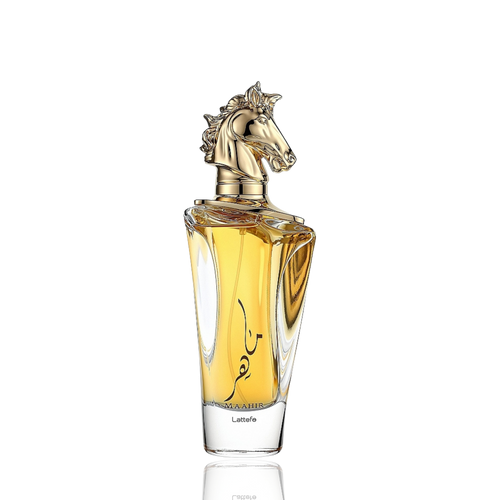 Detaliu flacon Lattafa Maahir apa de parfum, evidențiind finisajul auriu luxos și sculptura cap de cal.
