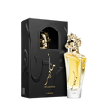 Lattafa Maahir apa de parfum unisex, flacon frontal de 100 ml cu dop sculptat auriu în formă de cap de cal.