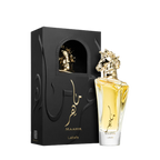 Lattafa Maahir apa de parfum unisex, flacon frontal de 100 ml cu dop sculptat auriu în formă de cap de cal.