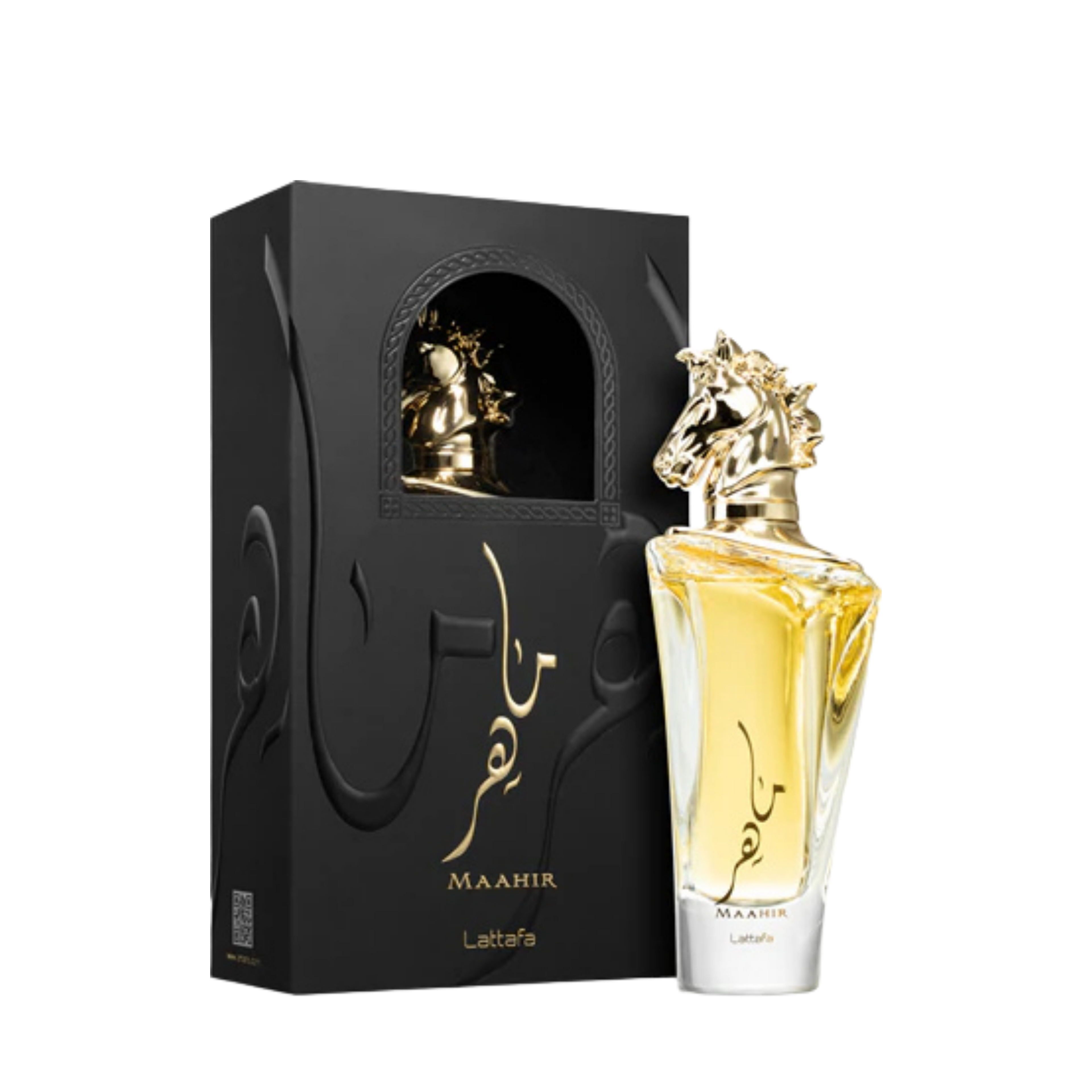 Lattafa Maahir apa de parfum unisex, flacon frontal de 100 ml cu dop sculptat auriu în formă de cap de cal.