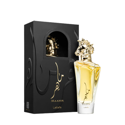Lattafa Maahir apa de parfum unisex, flacon frontal de 100 ml cu dop sculptat auriu în formă de cap de cal.