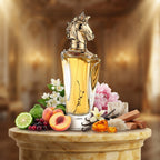 Lattafa Maahir apa de parfum original prezentat alături de piersică, iasomie, vanilie și ambră.