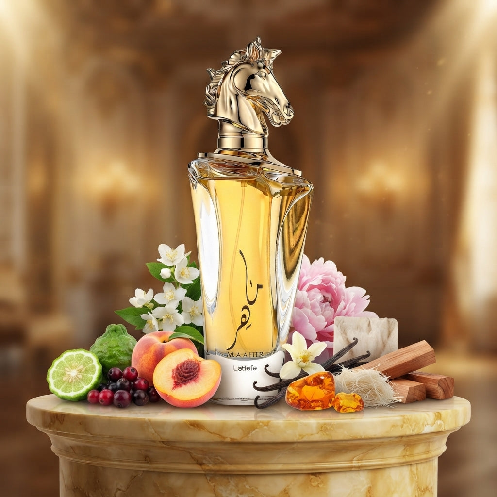Lattafa Maahir apa de parfum original prezentat alături de piersică, iasomie, vanilie și ambră.