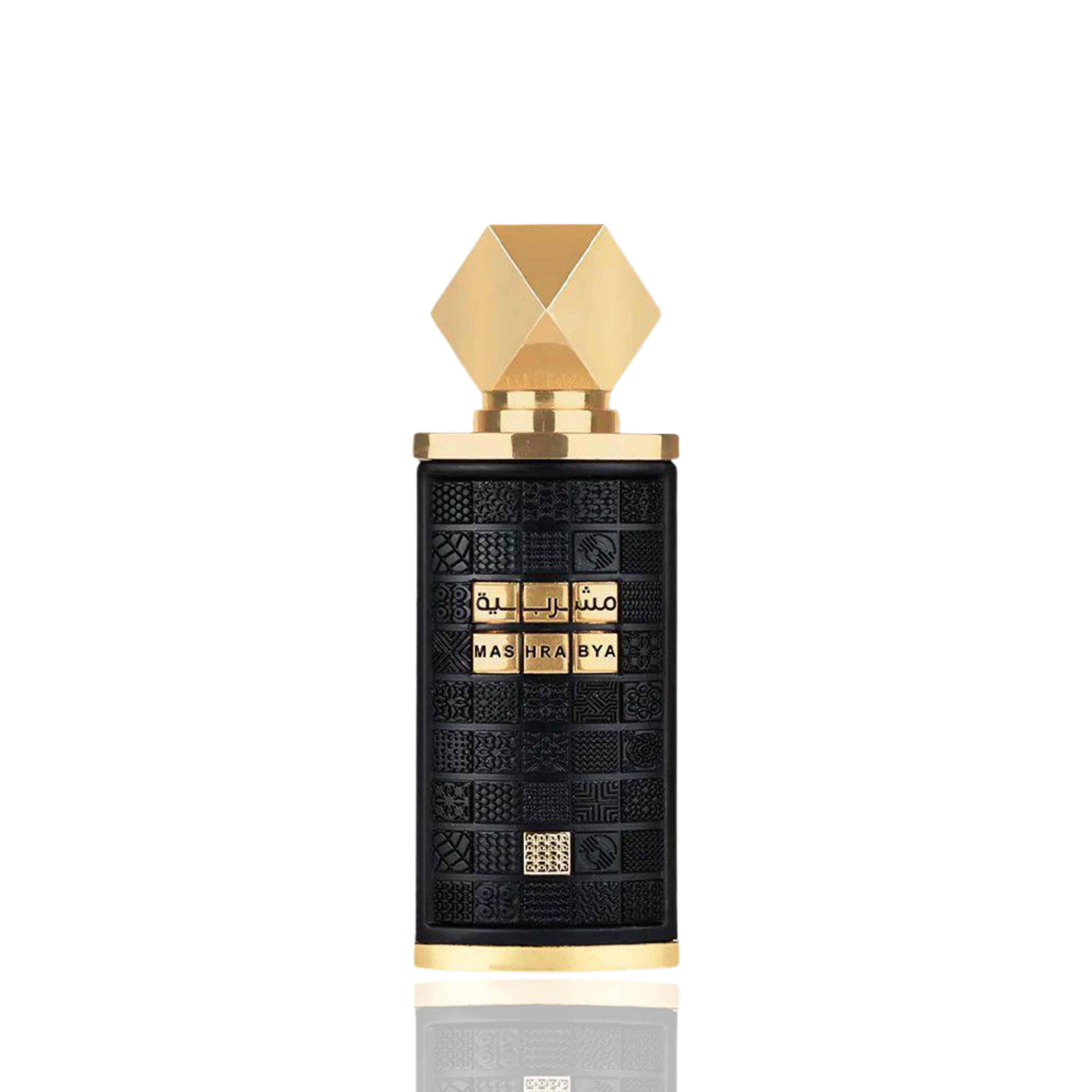 Detaliu flacon Lattafa Mashrabya apa de parfum, evidențiind finisajele elegante și textura ornamentelor orientale.