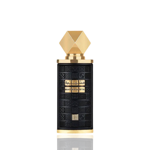 Detaliu flacon Lattafa Mashrabya apa de parfum, evidențiind finisajele elegante și textura ornamentelor orientale.