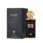 Lattafa Mashrabya apa de parfum unisex, flacon frontal de 100 ml cu elemente arhitecturale tradiționale.