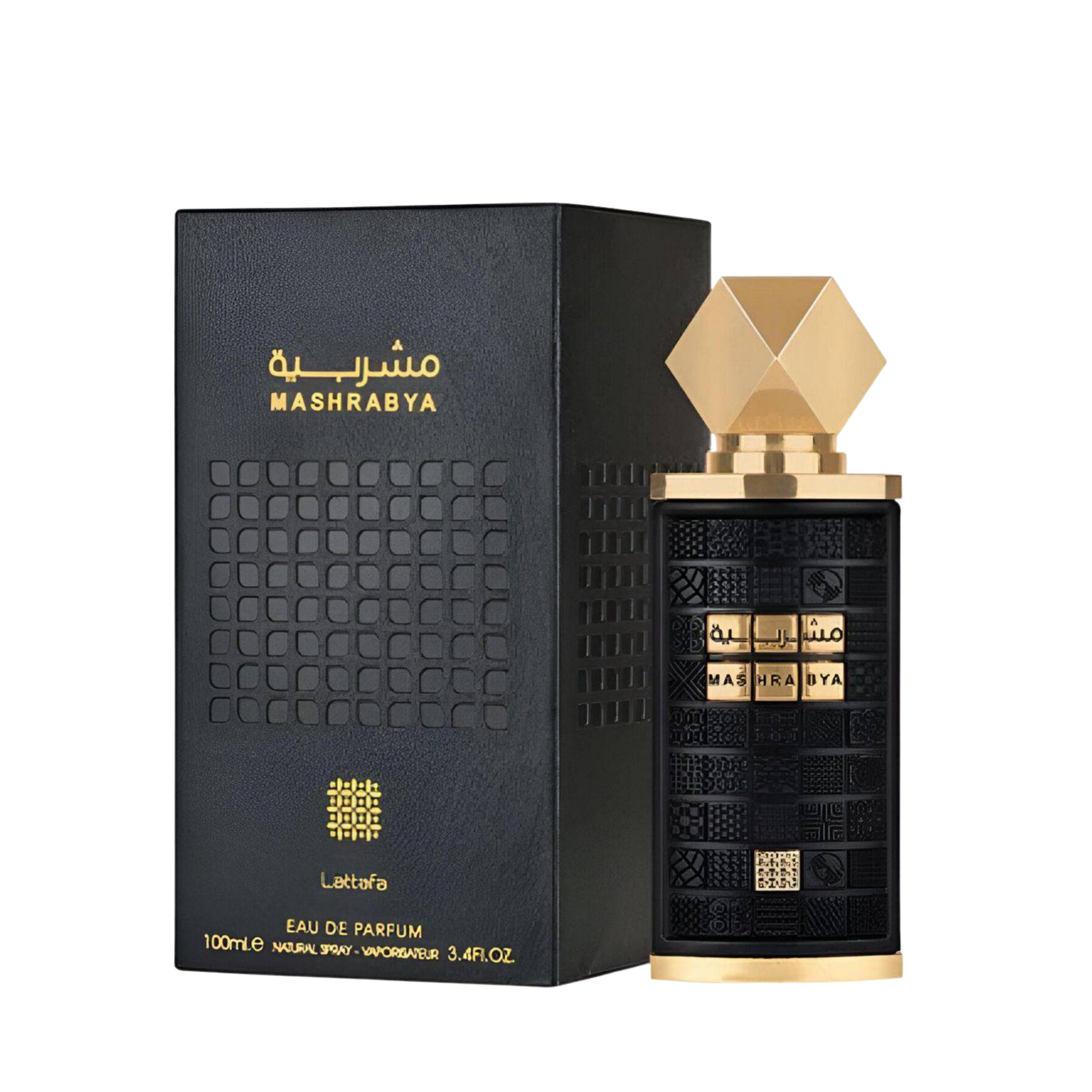 Lattafa Mashrabya apa de parfum unisex, flacon frontal de 100 ml cu elemente arhitecturale tradiționale.