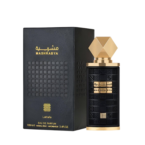 Lattafa Mashrabya apa de parfum unisex, flacon frontal de 100 ml cu elemente arhitecturale tradiționale.