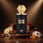 Lattafa Mashrabya apa de parfum original prezentat alături de condimente calde, citrice, acorduri lemnoase și ambră.