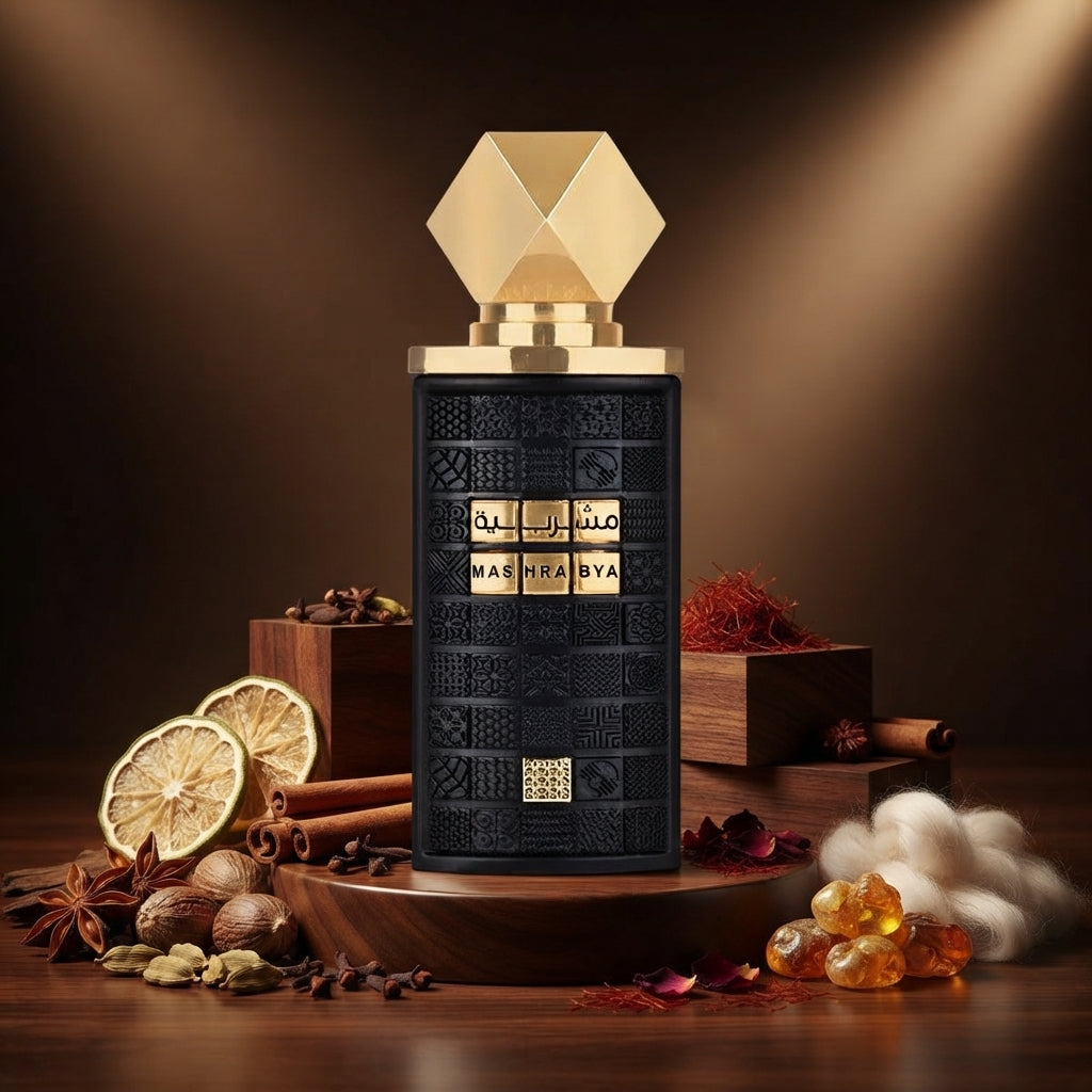 Lattafa Mashrabya apa de parfum original prezentat alături de condimente calde, citrice, acorduri lemnoase și ambră.