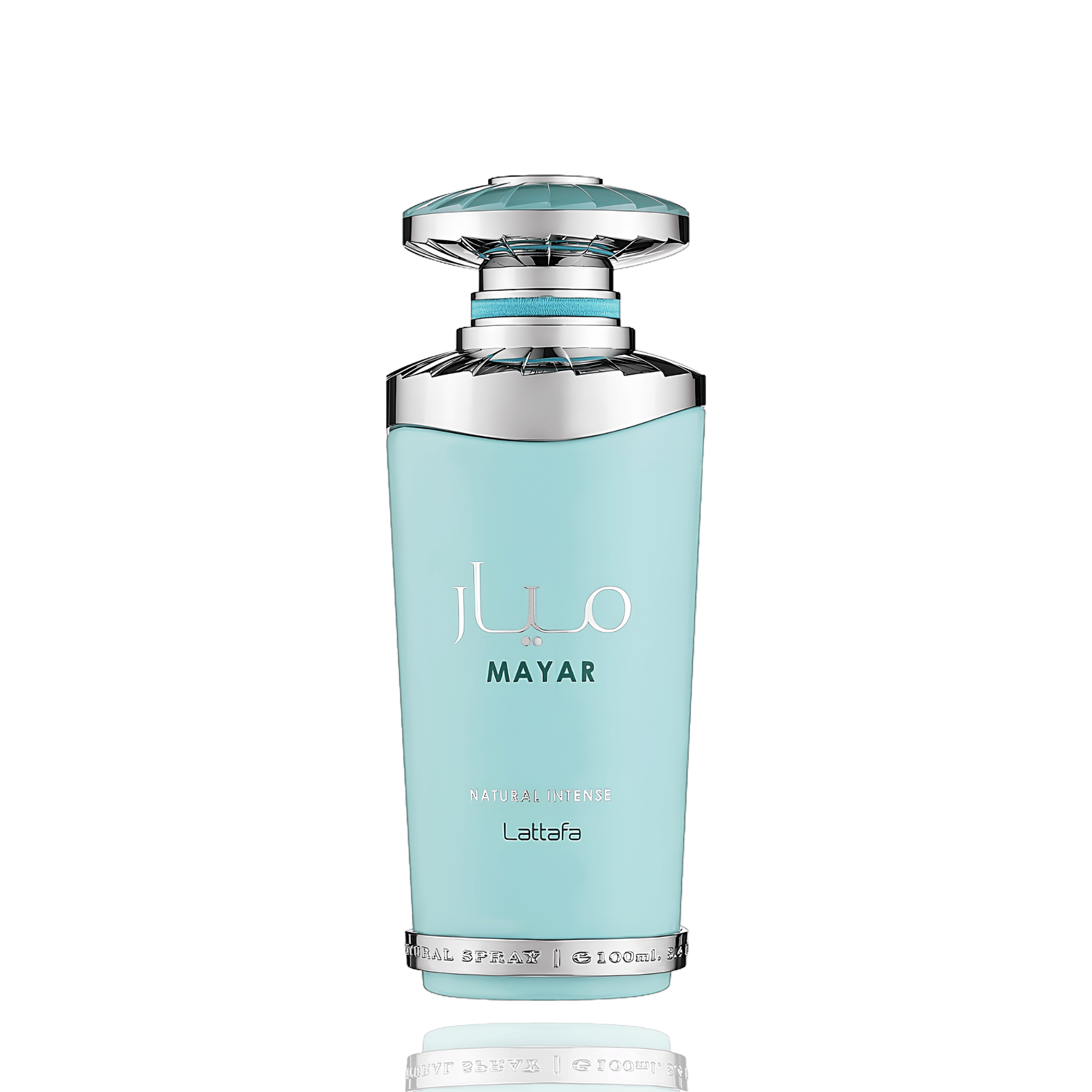 Detaliu flacon Lattafa Mayar Natural Intense apa de parfum, evidențiind capacul sculptural argintiu și finisajul verde-mint.