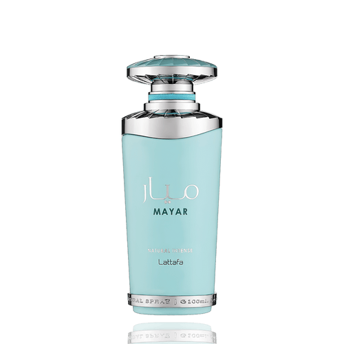 Detaliu flacon Lattafa Mayar Natural Intense apa de parfum, evidențiind capacul sculptural argintiu și finisajul verde-mint.