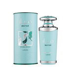 Lattafa Mayar Natural Intense apa de parfum, flacon frontal turcoaz cu accente argintii și capac sculptural tip potir.