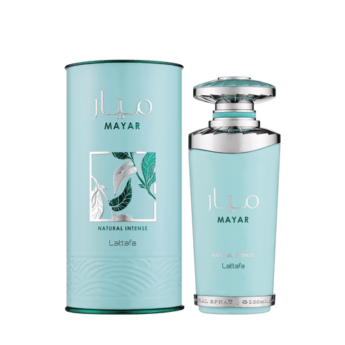 Lattafa Mayar Natural Intense apa de parfum, flacon frontal turcoaz cu accente argintii și capac sculptural tip potir.
