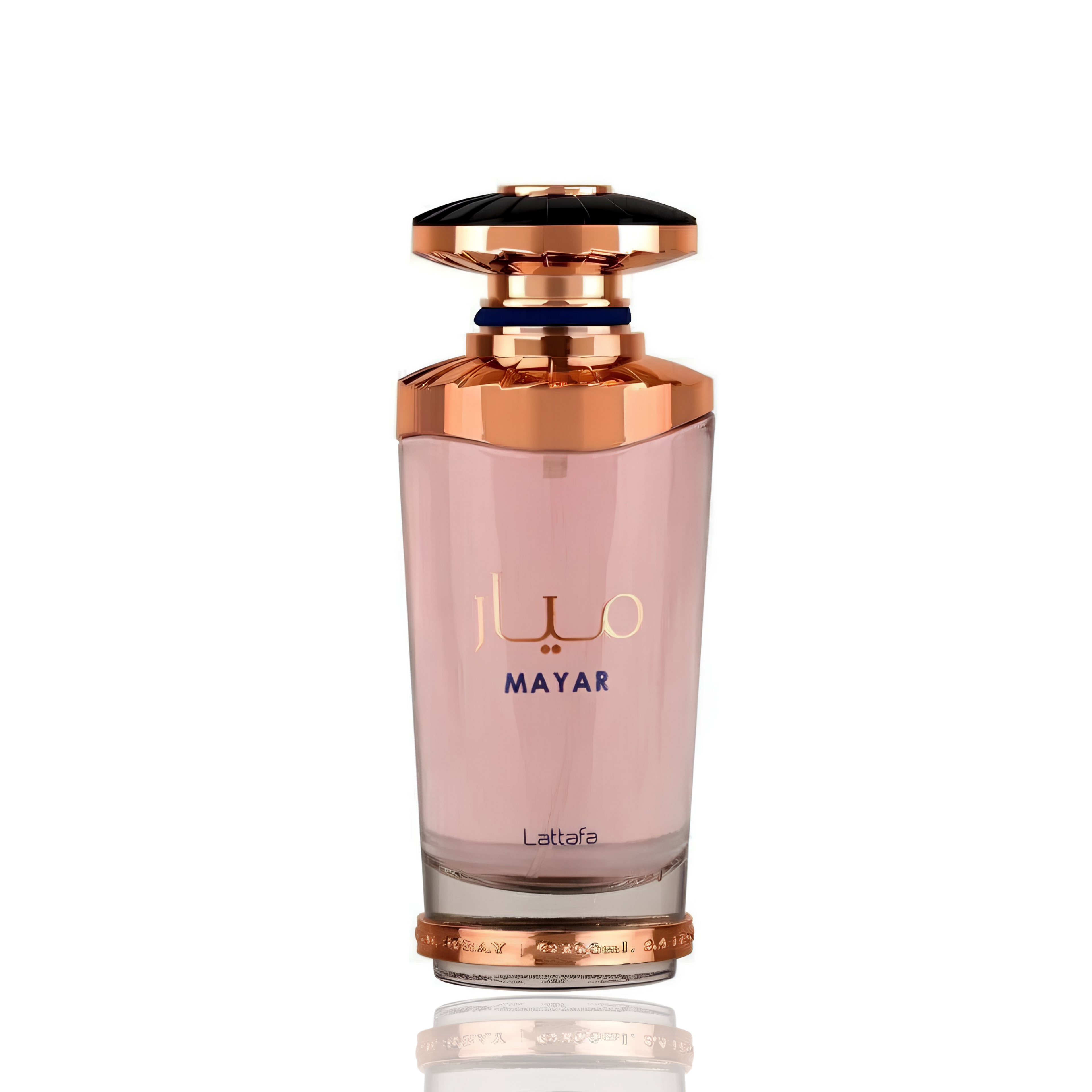 Detaliu flacon Lattafa Mayar apa de parfum, evidențiind finisajele elegante și capacul decorativ.