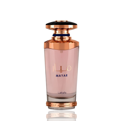 Detaliu flacon Lattafa Mayar apa de parfum, evidențiind finisajele elegante și capacul decorativ.