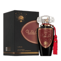 Lattafa Mohra apa de parfum, flacon frontal negru lucios cu ecuson burgund-auriu și capac transparent tip cristal.