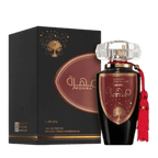 Lattafa Mohra apa de parfum, flacon frontal negru lucios cu ecuson burgund-auriu și capac transparent tip cristal.