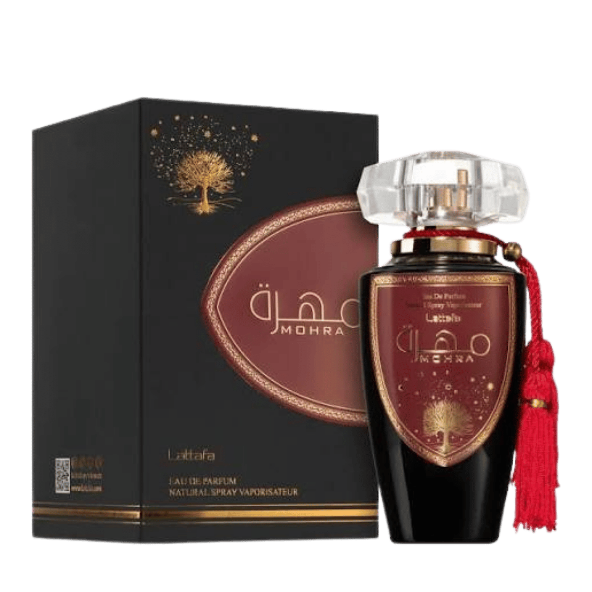 Lattafa Mohra apa de parfum, flacon frontal negru lucios cu ecuson burgund-auriu și capac transparent tip cristal.