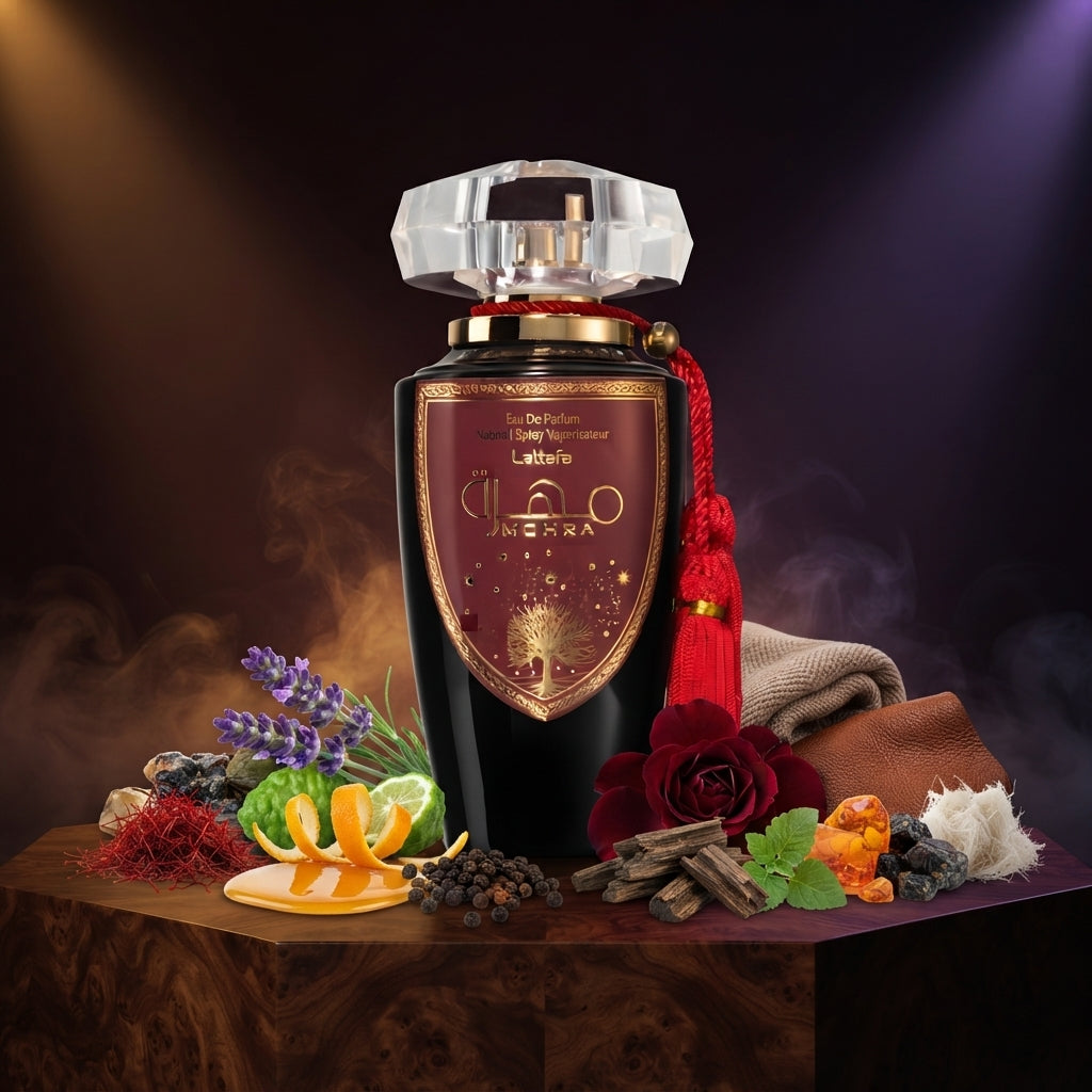 Lattafa Mohra apa de parfum original prezentat alături de fire de șofran, miere fluidă, trandafir și lemn de oud.
