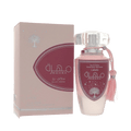Lattafa Mohra Silky Rose apa de parfum, flacon frontal elegant în nuanțe roz-rozacee cu capac sculptural transparent.