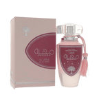 Lattafa Mohra Silky Rose apa de parfum, flacon frontal elegant în nuanțe roz-rozacee cu capac sculptural transparent.