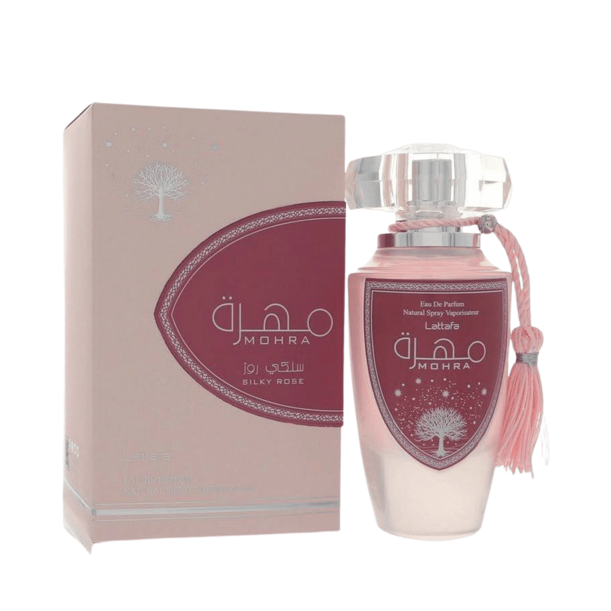 Lattafa Mohra Silky Rose apa de parfum, flacon frontal elegant în nuanțe roz-rozacee cu capac sculptural transparent.