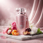 Lattafa Mohra Silky Rose apa de parfum original prezentat alături de petale de trandafir, litchi, prune și mosc alb.