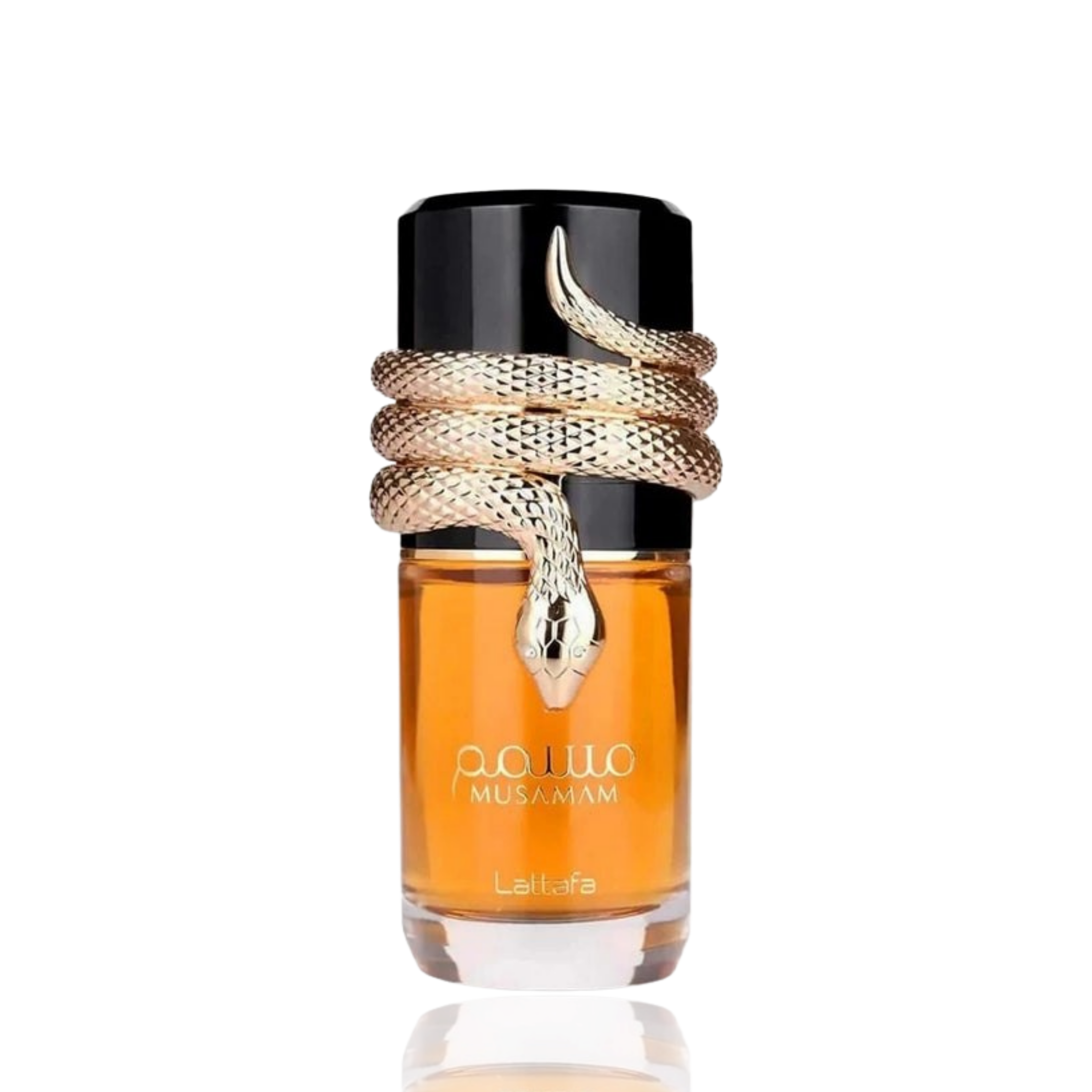 Detaliu flacon Lattafa Musamam apa de parfum, evidențiind finisajele de calitate și elementele sculpturale.