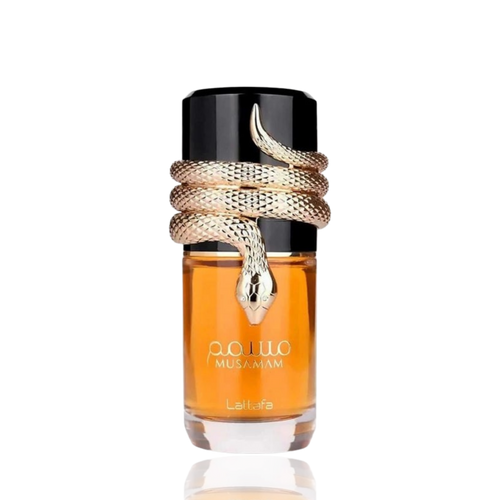 Detaliu flacon Lattafa Musamam apa de parfum, evidențiind finisajele de calitate și elementele sculpturale.
