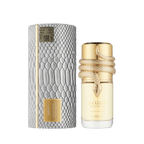Lattafa Musamam White Intense apa de parfum, flacon frontal elegant prezentat pe un fundal premium de studio.