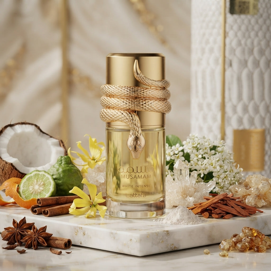 Ambalajul original de lux al parfumului arabesc Lattafa Musamam White Intense apa de parfum unisex de 100 ml.