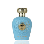 Detaliu flacon Lattafa Opulent Dubai apa de parfum, evidențiind inscripțiile aurii, pulverizatorul și finisajele de lux.