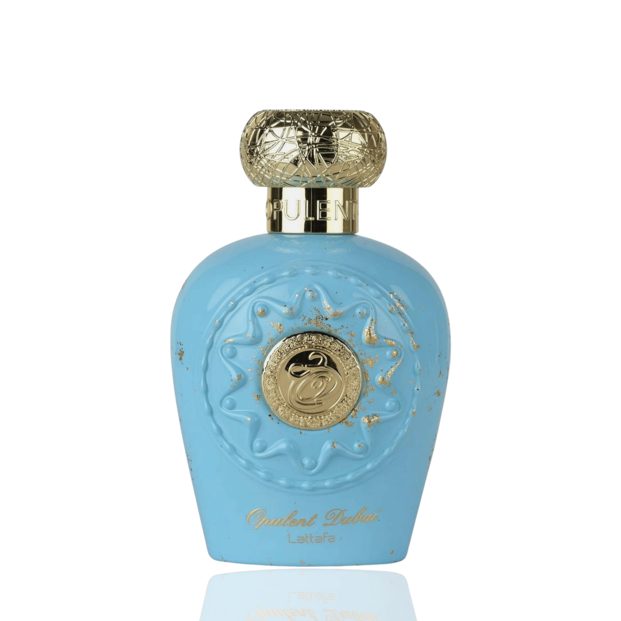 Detaliu flacon Lattafa Opulent Dubai apa de parfum, evidențiind inscripțiile aurii, pulverizatorul și finisajele de lux.